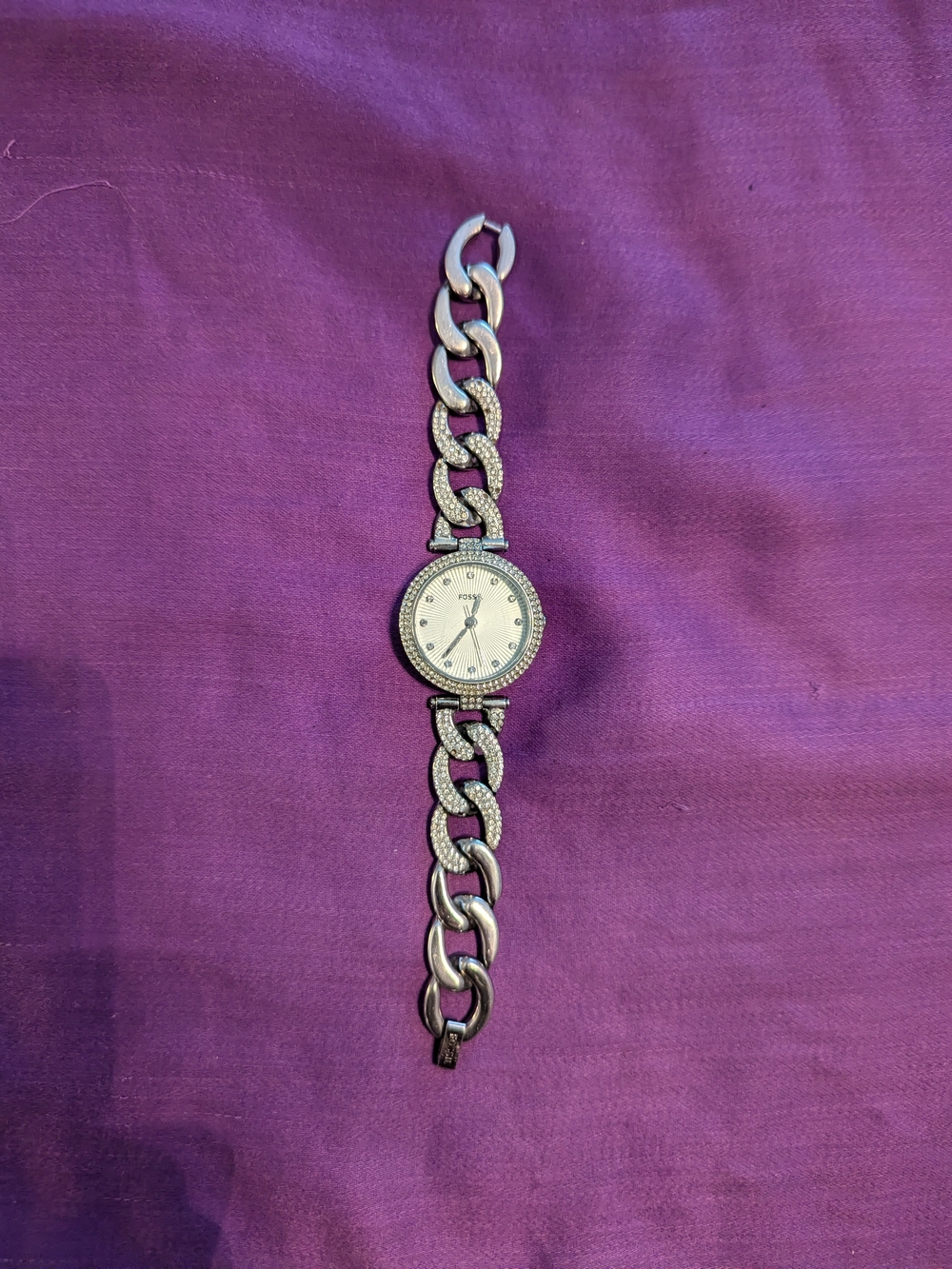 Fossil Glitz Pave Chain Link Watch Silver Tone - Fits 6" Wrist - Needs Battery
